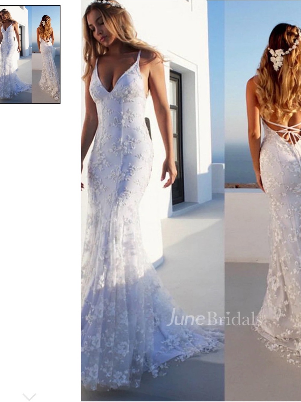 White Lace Mermaid Wedding Dress with Low Back